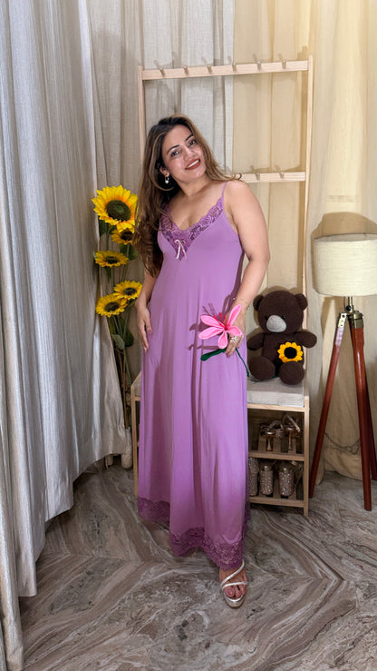 Lavender Lace Trim Luxury Long Nighty for Women