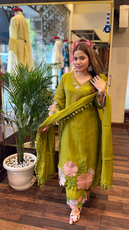 Olive Green Floral Embroidered Kurta Set with Dupatta