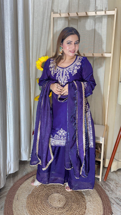 Royal Purple Embroidered Silk Suit Set