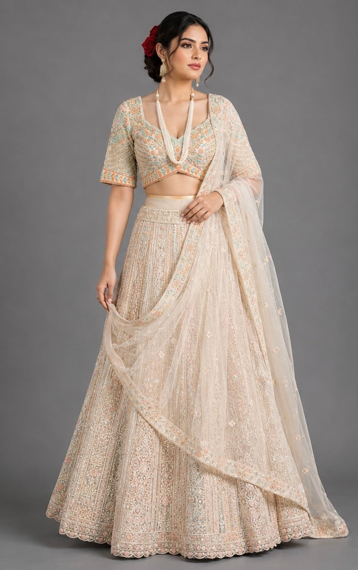 Ivory Embroidered Bridal Lehenga Set with Dupatta | Luxury Designer Wedding Lehenga | South Delhi Couture