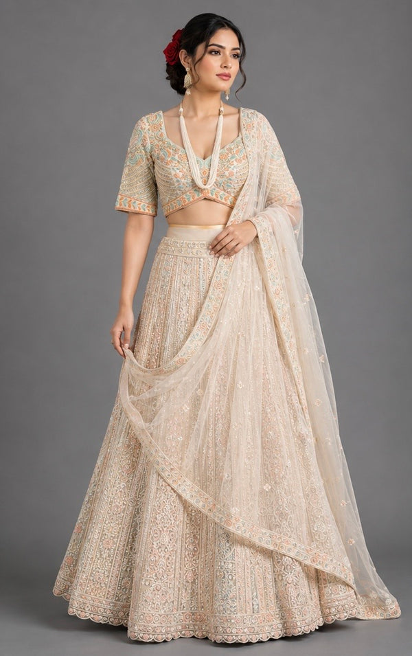 Ivory Embroidered Bridal Lehenga Set with Dupatta | Luxury Designer Wedding Lehenga | South Delhi Couture