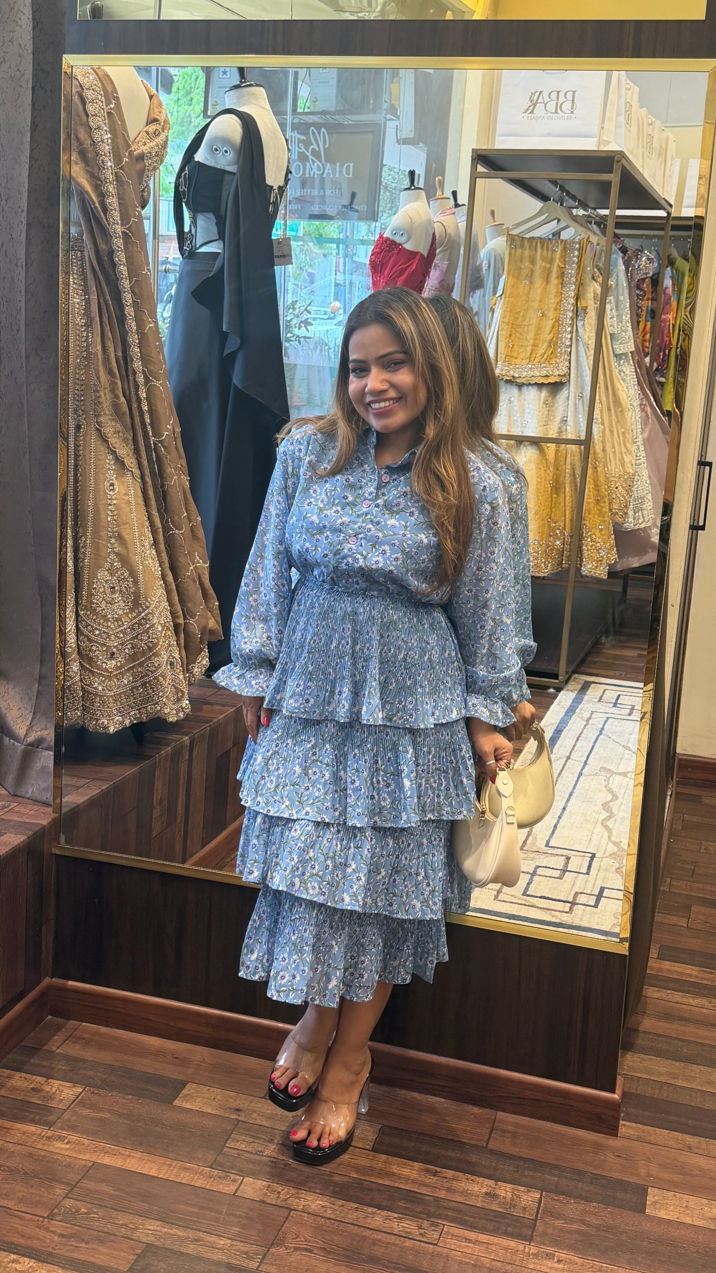 Romantic Layered Floral Midi Dress with Shirt Collar