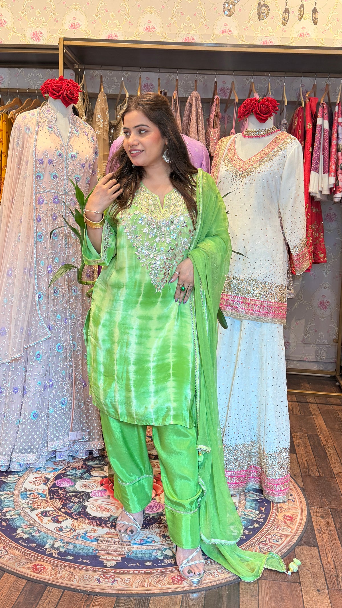 Lime Green Mirror Work Suit Set with Dupatta