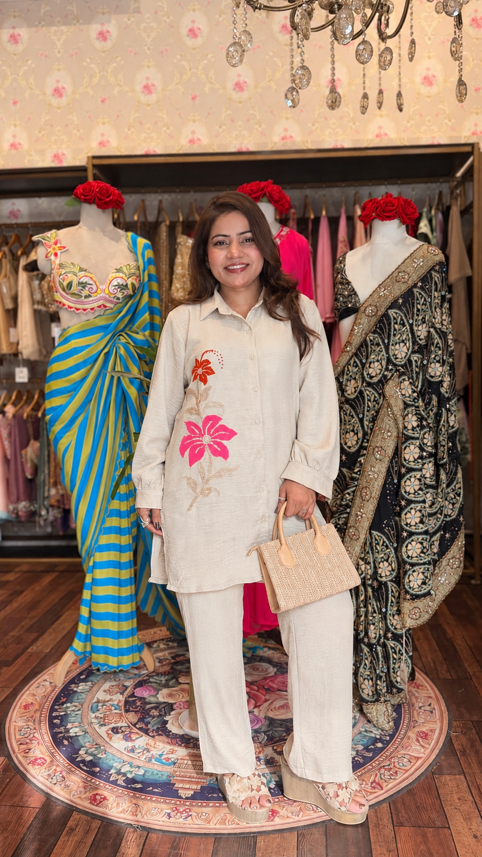 Floral Threadwork Selv Linen Co-Ord Set