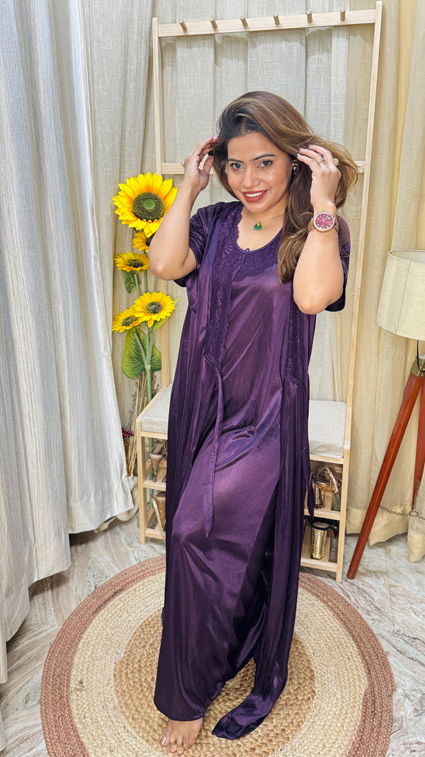 Purple Satin Lace Nightwear Set