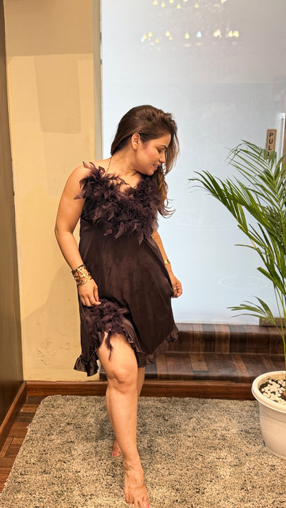 Chocolate Brown Feather Trim Satin Dress with Cape
