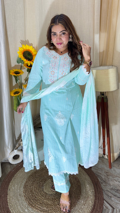 3pc E-Mint Cotton Embroidered Summer Suit set