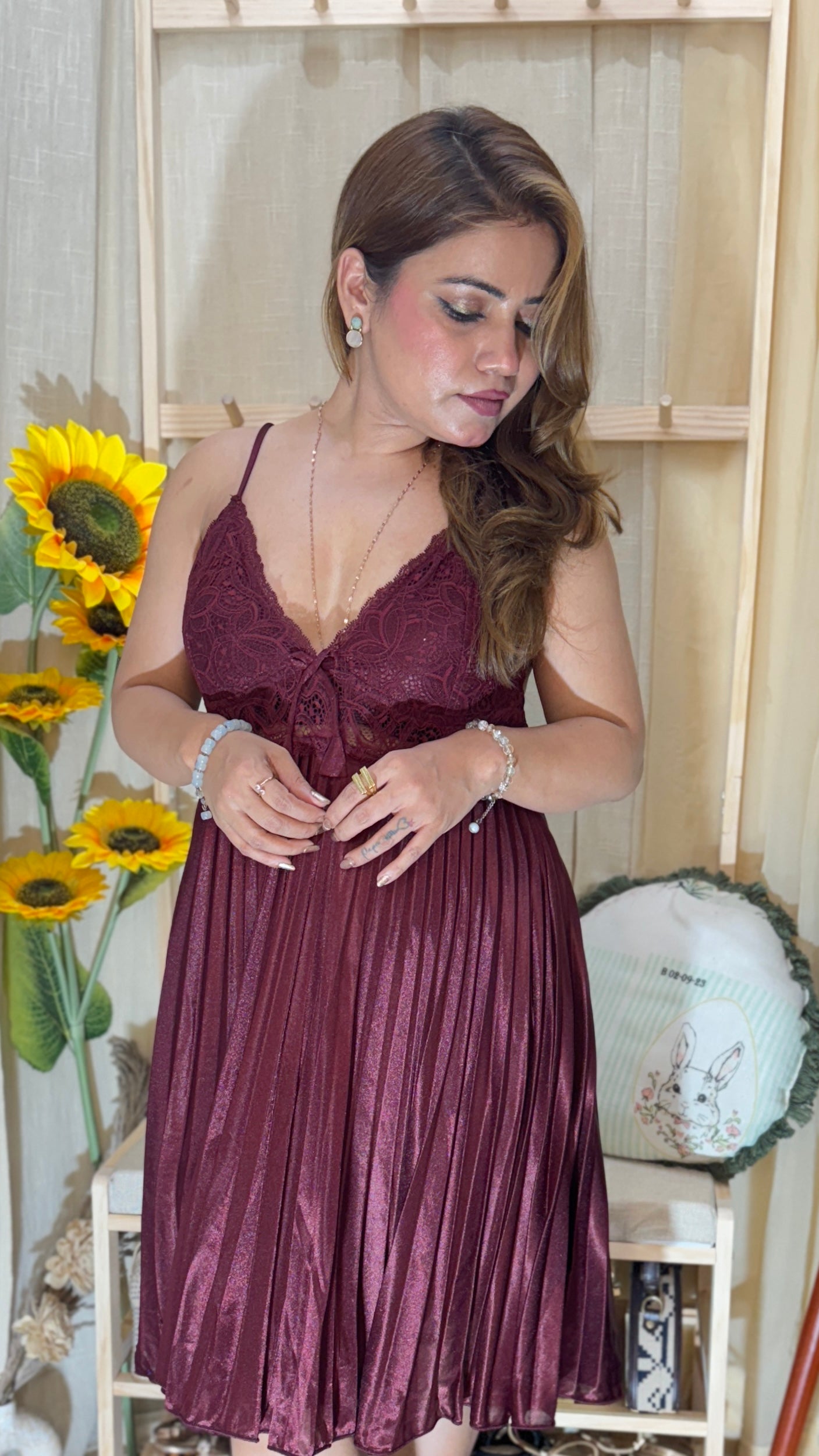 3pc Satin Pleated Lace Night Dress
