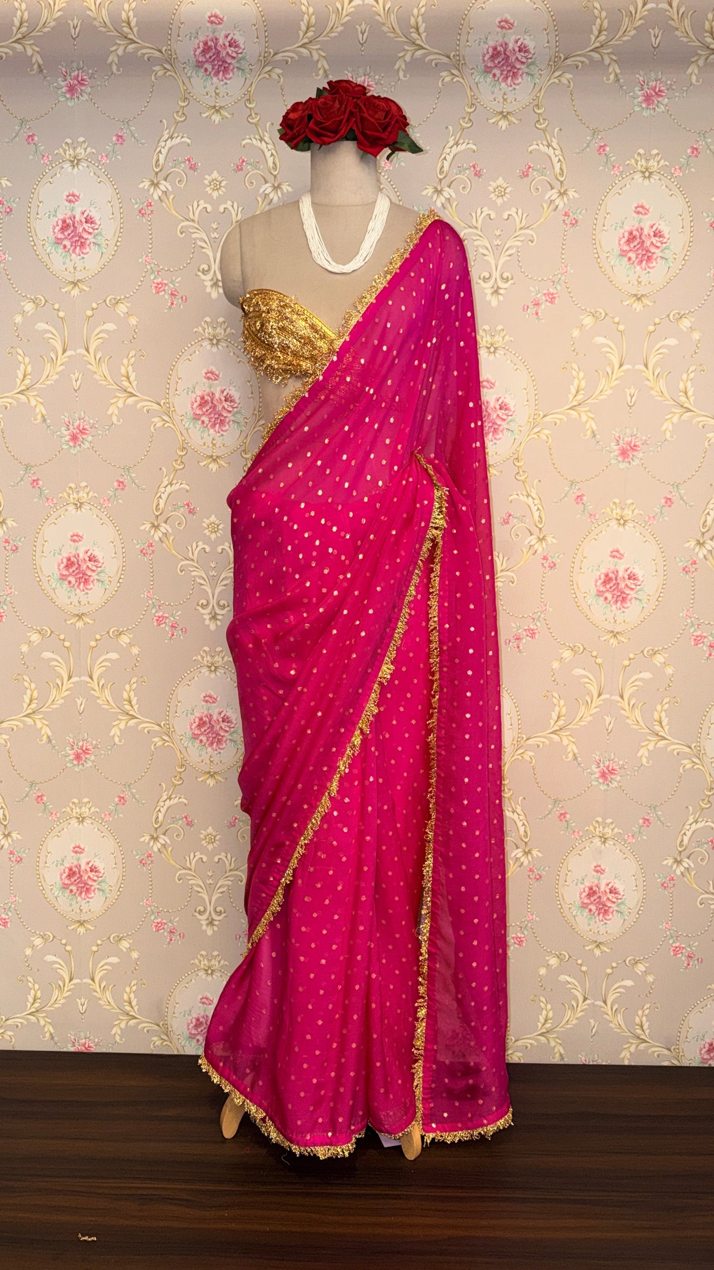 Rani Pink Dotted Saree with Gold Border
