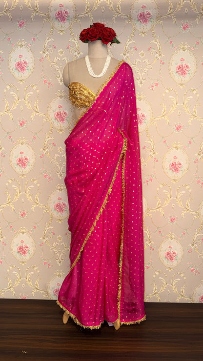 Rani Pink Dotted Saree with Gold Border