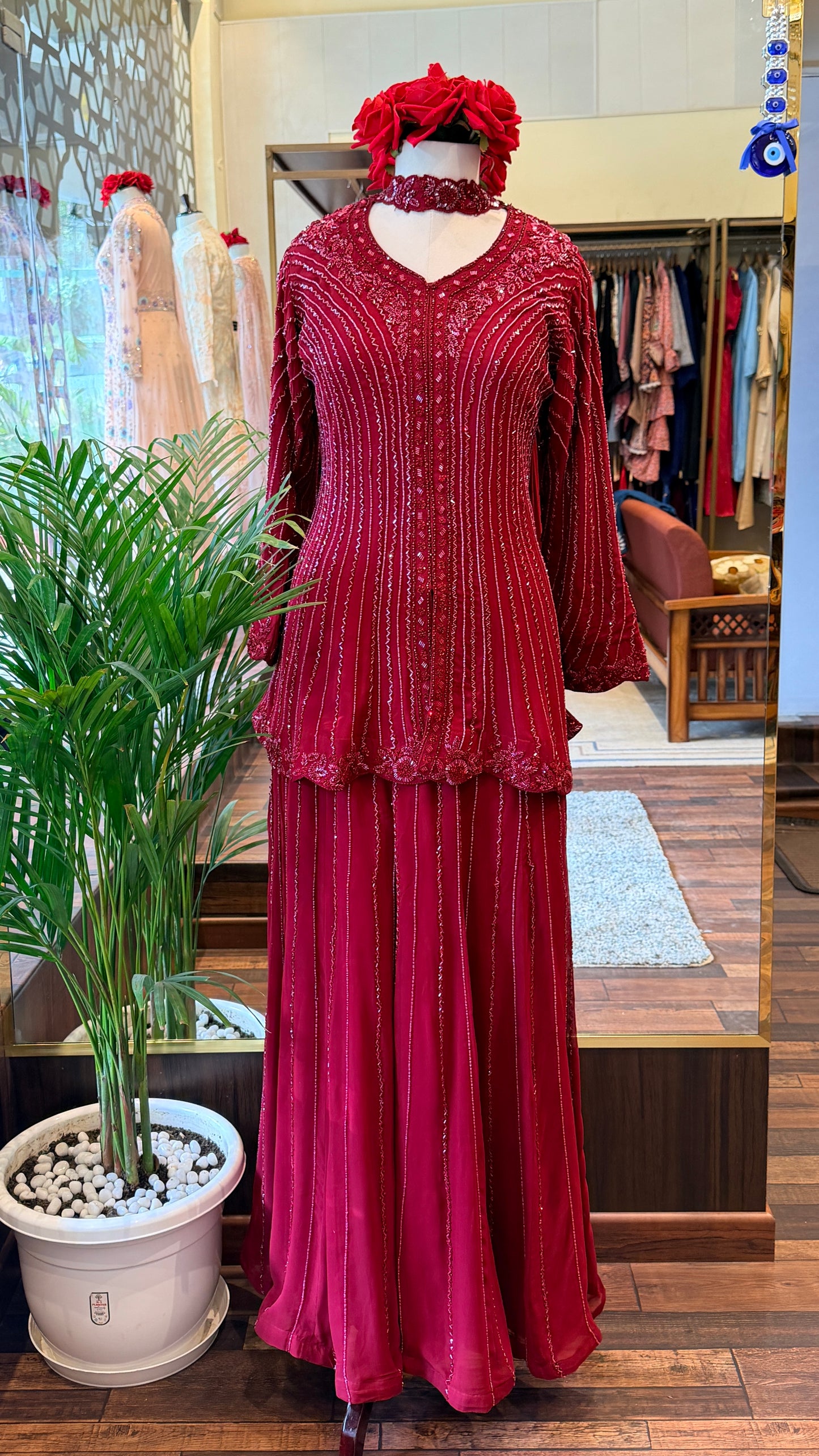 Ruby Red Hand-Embellished Peplum Top & Palazzo Set with Statement Choker