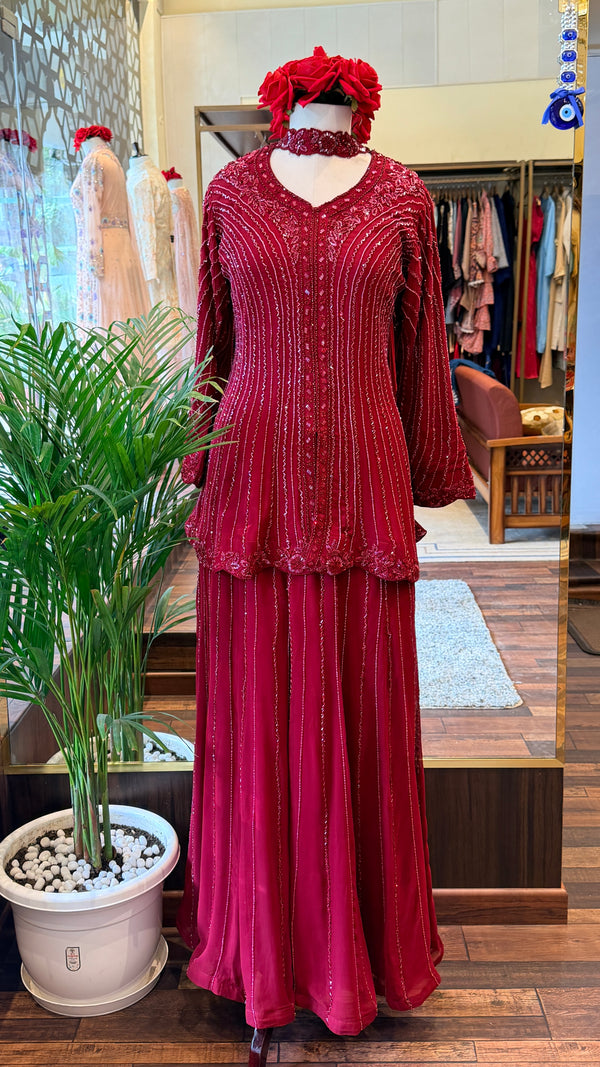 Ruby Red Hand-Embellished Peplum Top & Sharara Set with Statement Choker