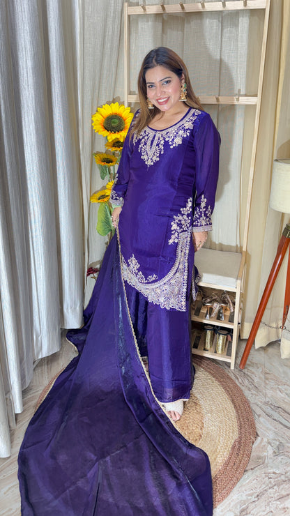 Royal Purple Embroidered Silk Suit Set