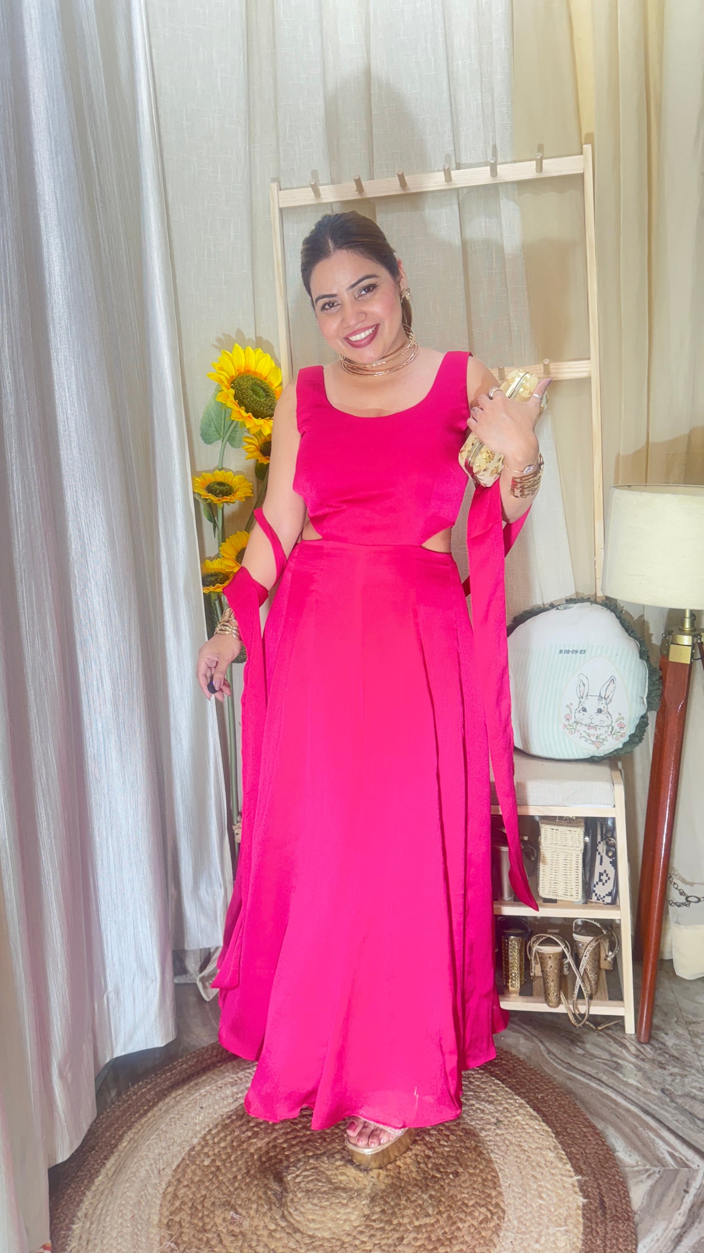 Hot Pink Flared Cut-Out Anarkali Dress