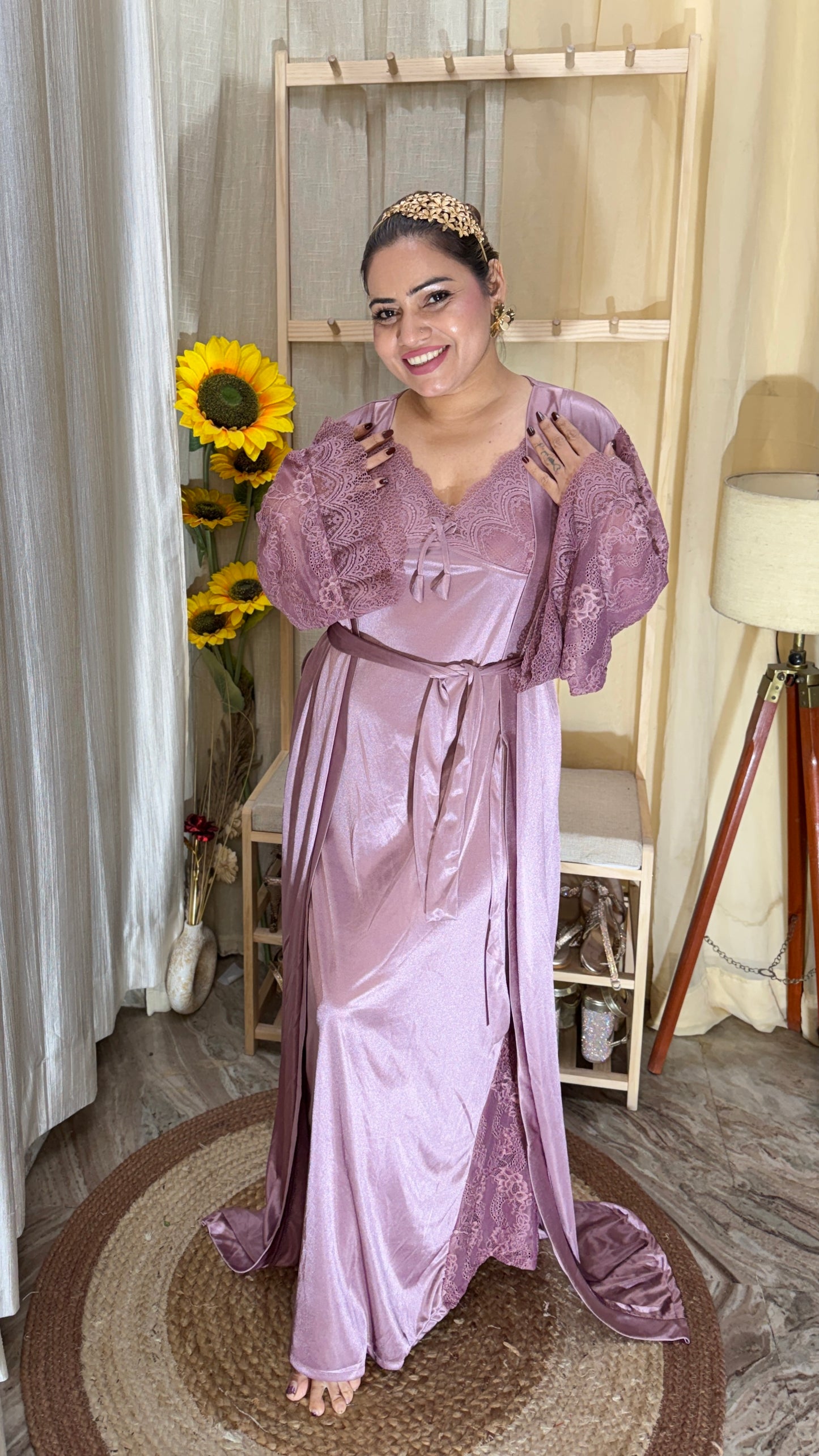 Dusty Rose Satin & Lace Nightwear Set with Robe – 3 Piece Luxe Sleepwear