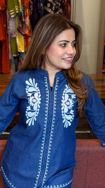 Indigo Denim Co-ord Set with White Embroidery