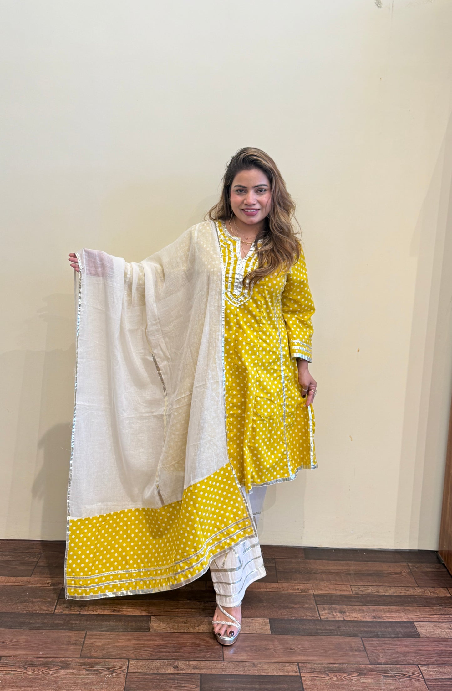 Sunshine Yellow And pink Polka Dot Kurta Set with Dupatta