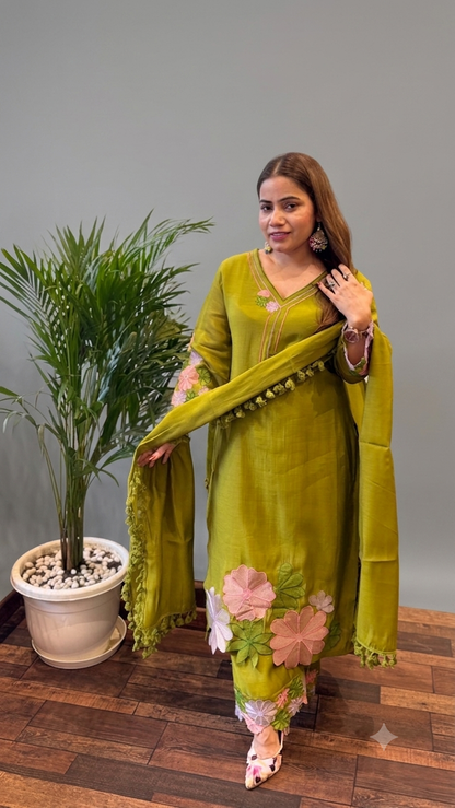 Olive Green Floral Embroidered Kurta Set with Dupatta