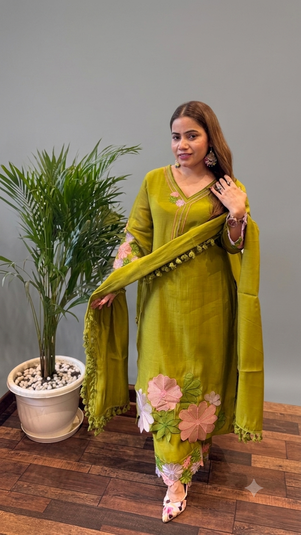 Olive Green Floral Embroidered Kurta Set with Dupatta