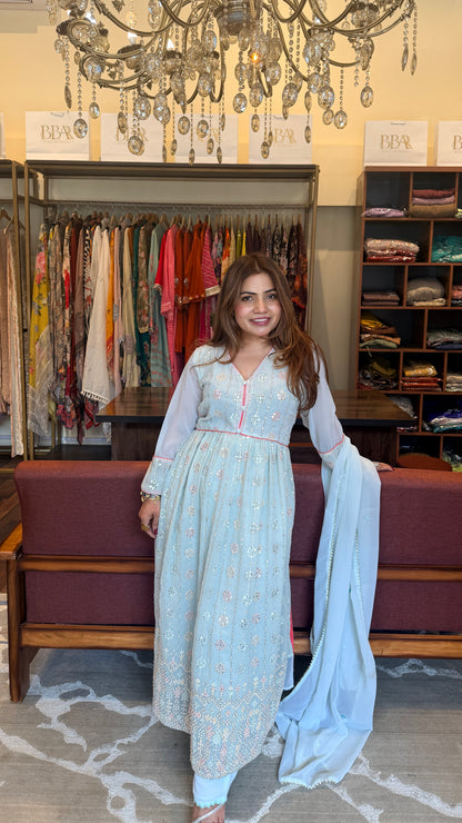 Sky Blue Embroidered Georgette  Suit Set