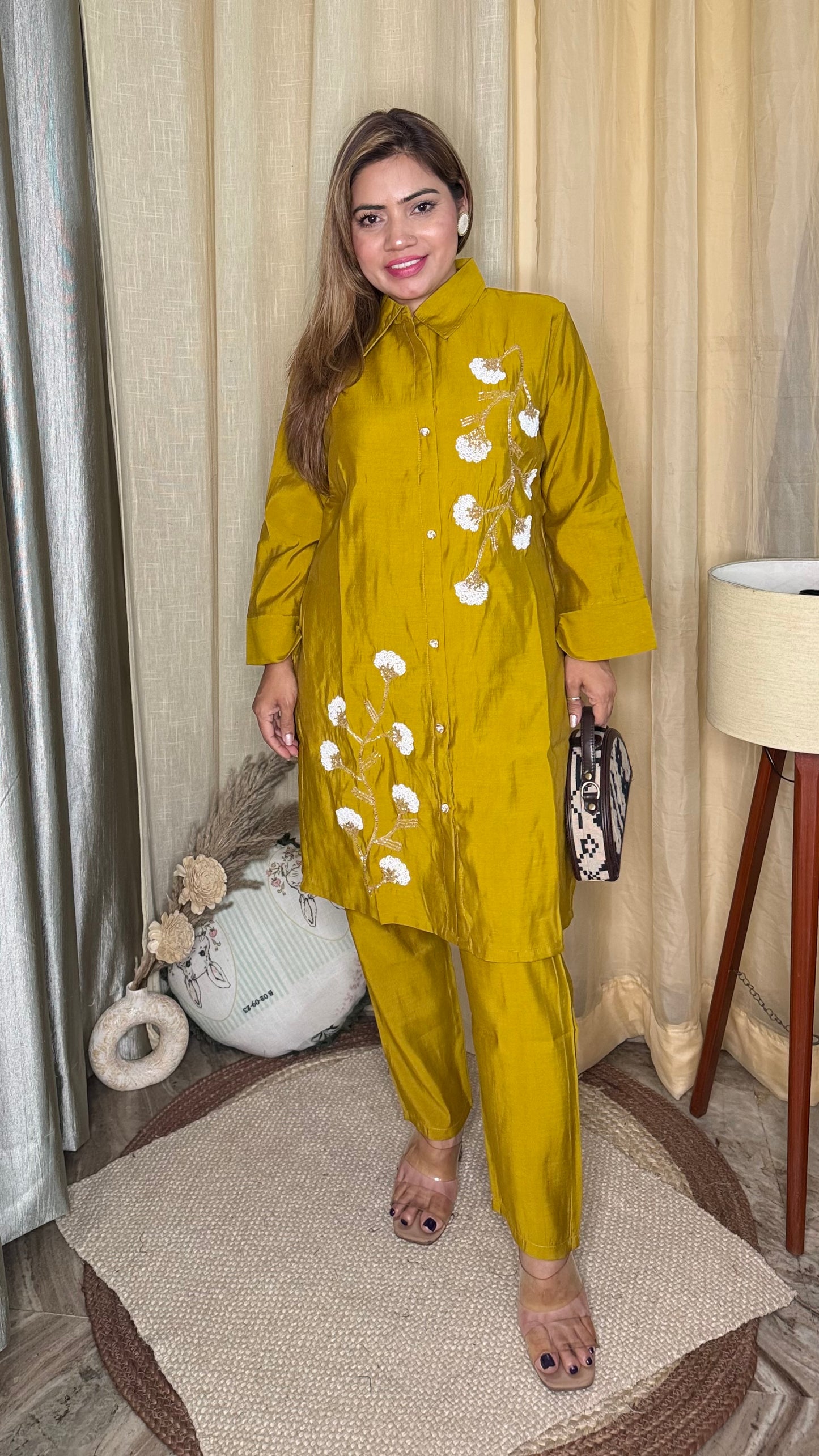 Rich mustard yellow 
Embroidered Kurta cord Set