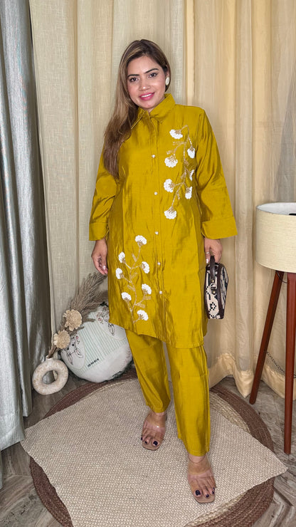 Rich mustard yellow 
Embroidered Kurta cord Set