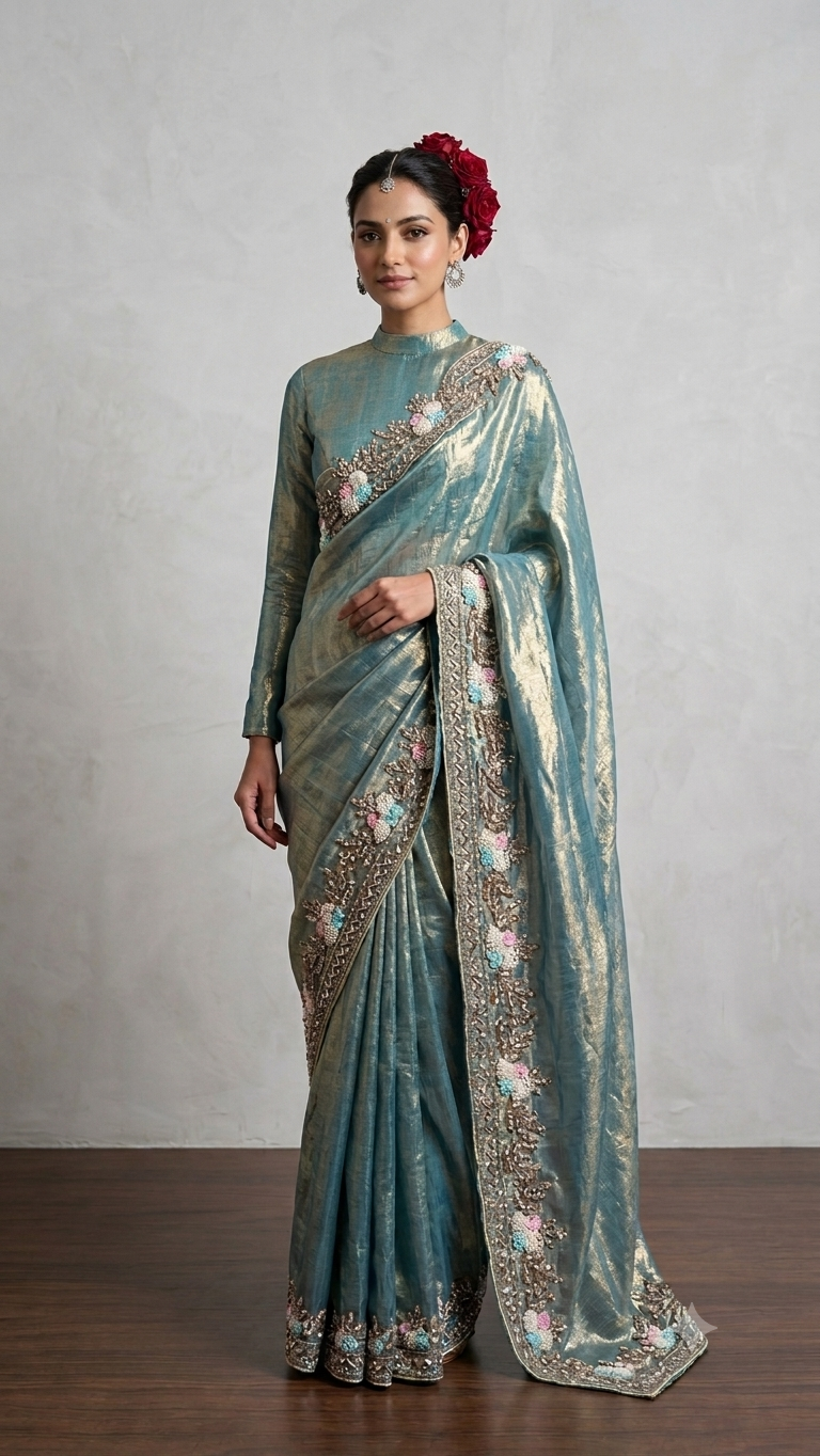 Hand-Embroidered Floral Border Saree