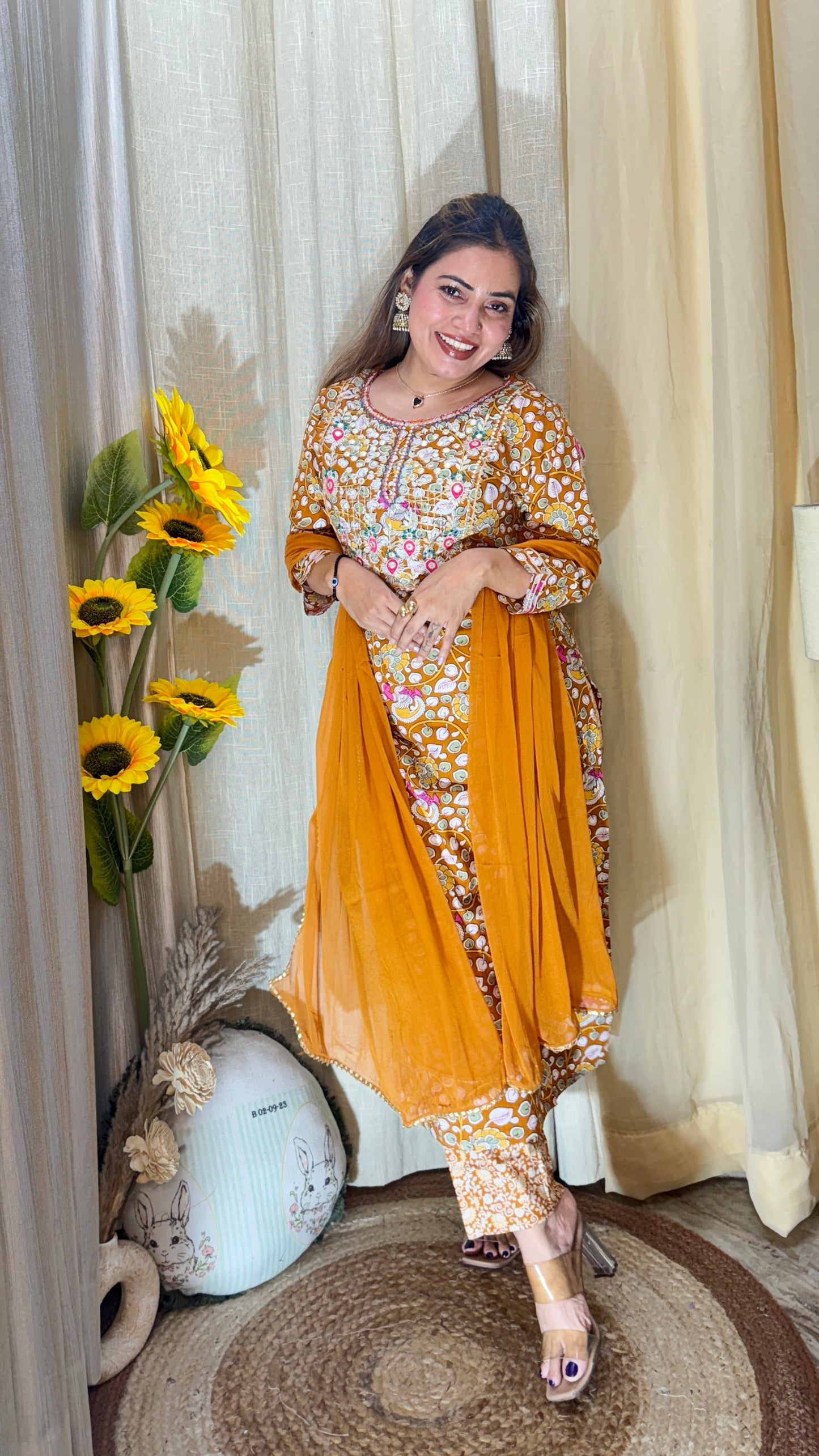 Mustard Floral Embroidered Cotton Suit Set