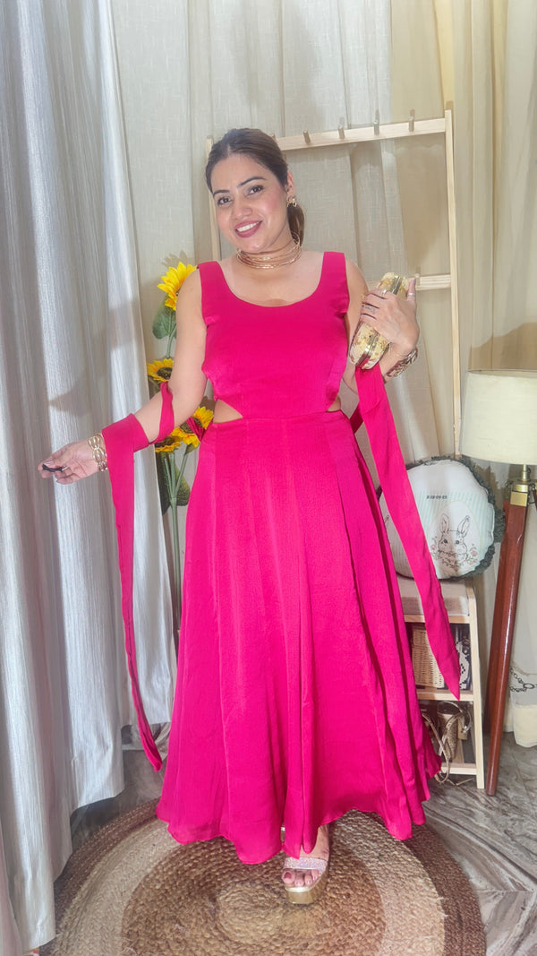 Hot Pink Flared Cut-Out Anarkali Dress
