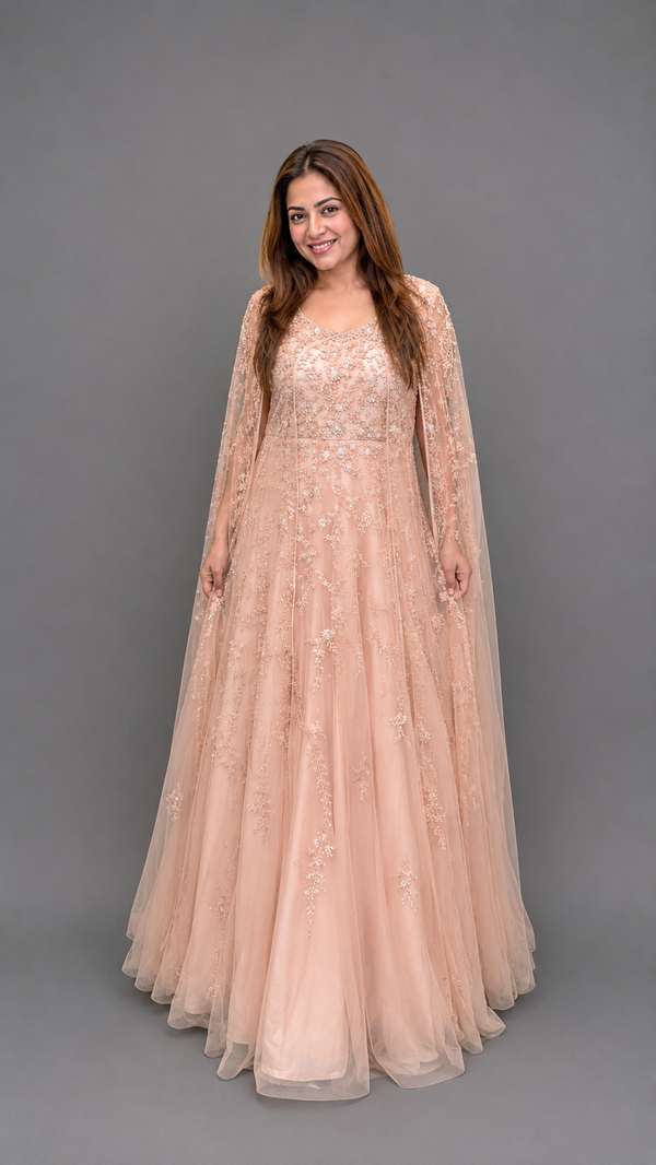 Blush Pink Embellished Cape Gown
