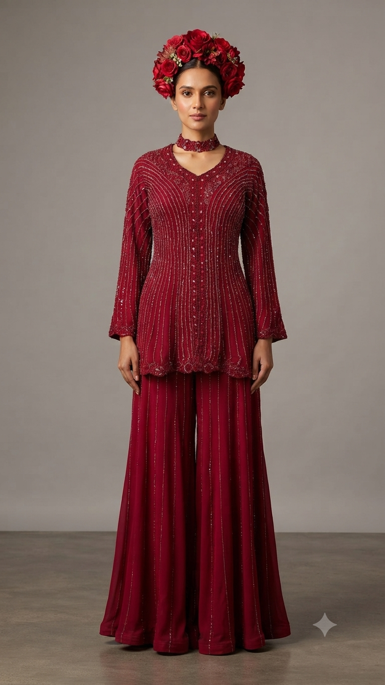 Hand-Embellished Peplum Top Sharara Set