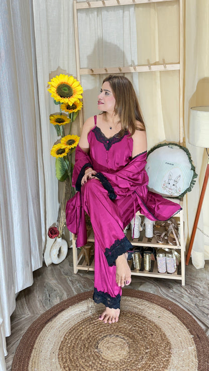 Luxury Satin Nightwear 4pc Set – Top, Pajama & Robe with Lace Detailing