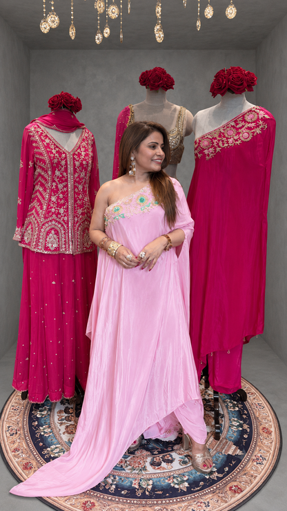 One-Shoulder Embroidered Draped Set | Blush Pink Sunset & Fuchsia Luxe Edit