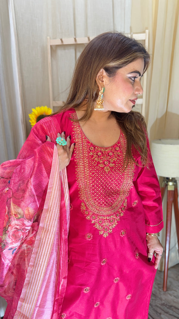 Hot Pink Embroidered Kurta Set with Floral Dupatta