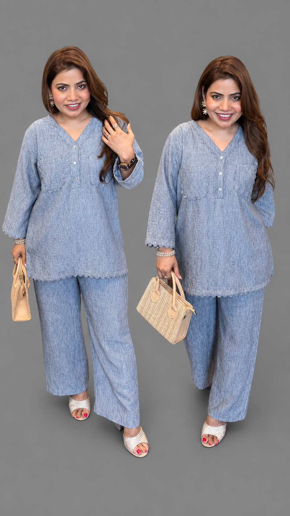 Cotton Linen Textured Co-ord Set with Scalloped Detailing