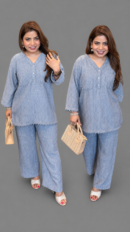 Cotton Linen Textured Co-ord Set with Scalloped Detailing