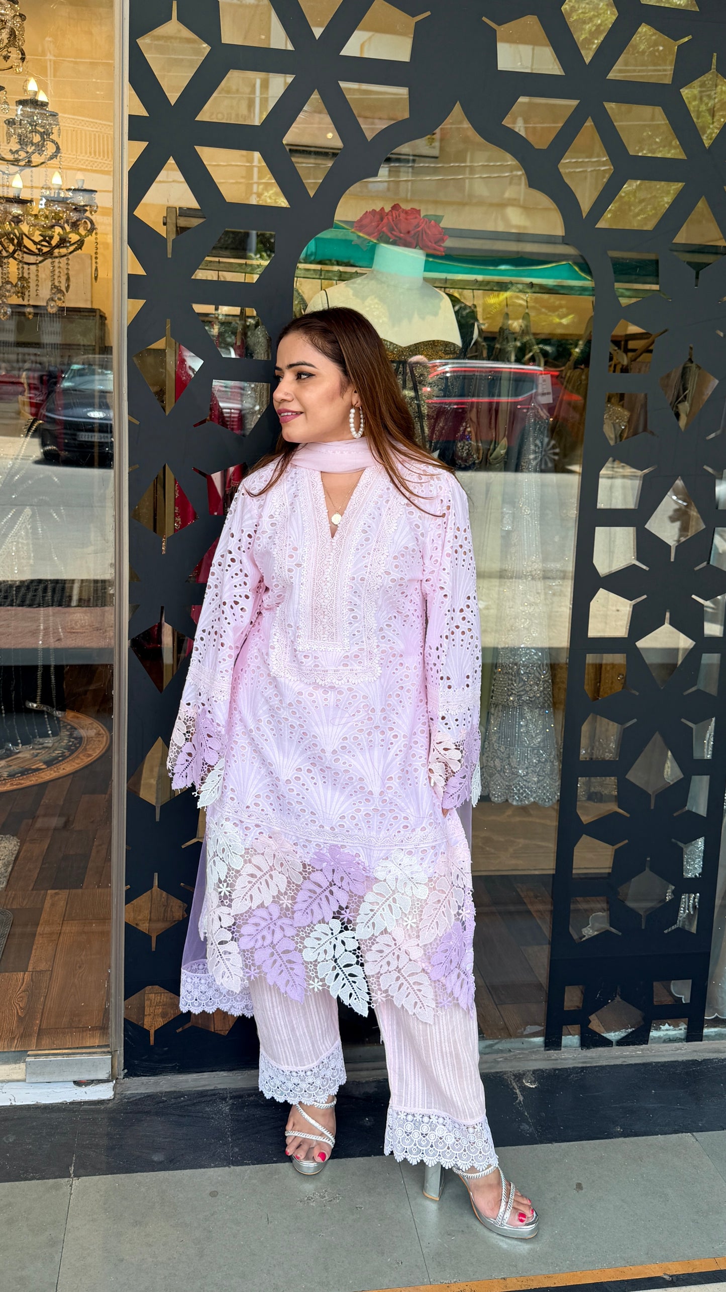 Blush Pink Chikankari Kurta Set with Lace Detail | Luxury Summer Ethnic Wear | Defence Colony Designer
