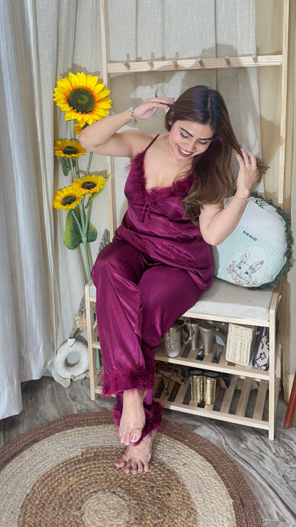 Satin Feather Trim Nightwear Set (3 Piece)