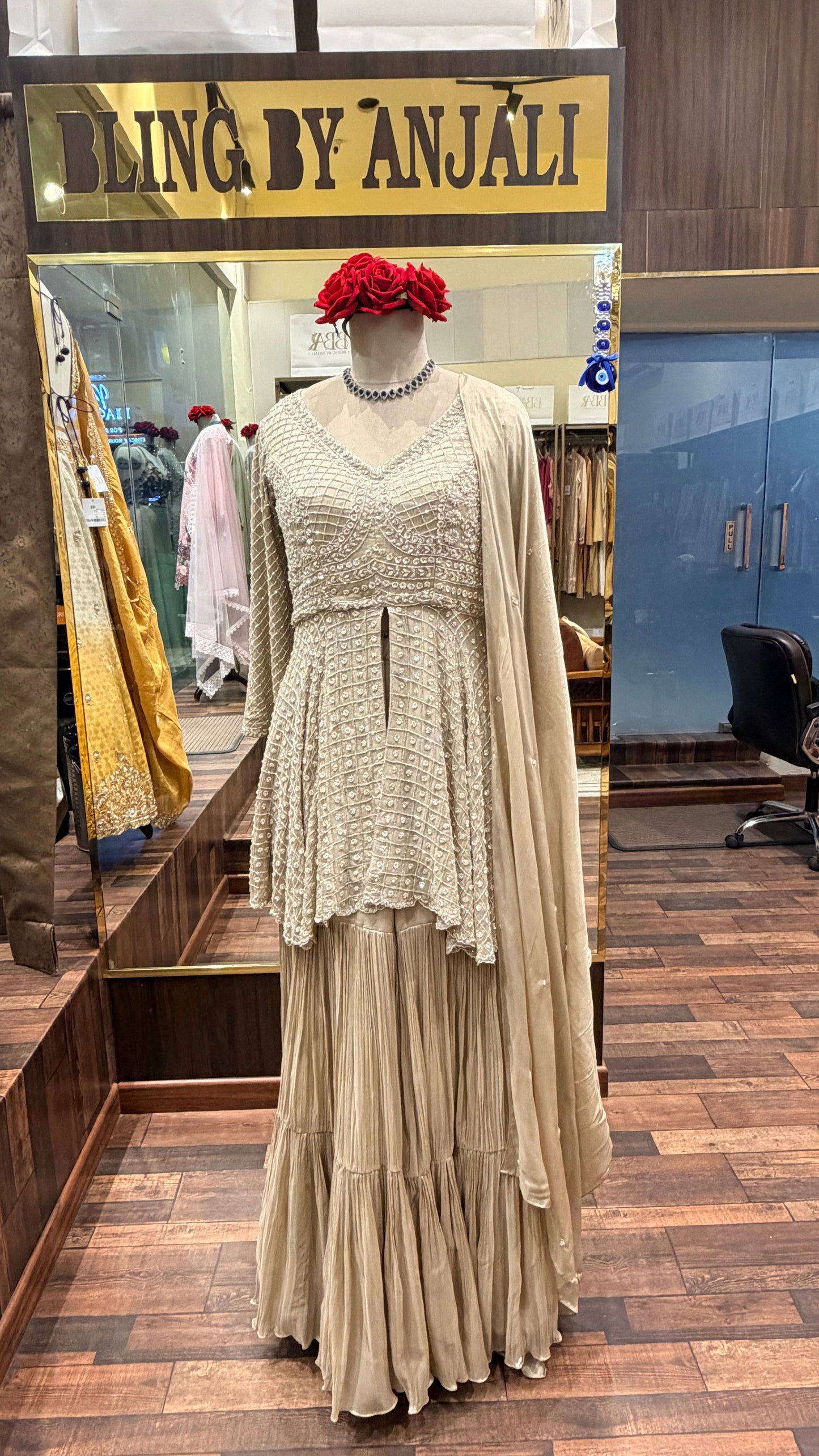 Champagne Embroidered Sharara Set | Luxe Occasion Wear