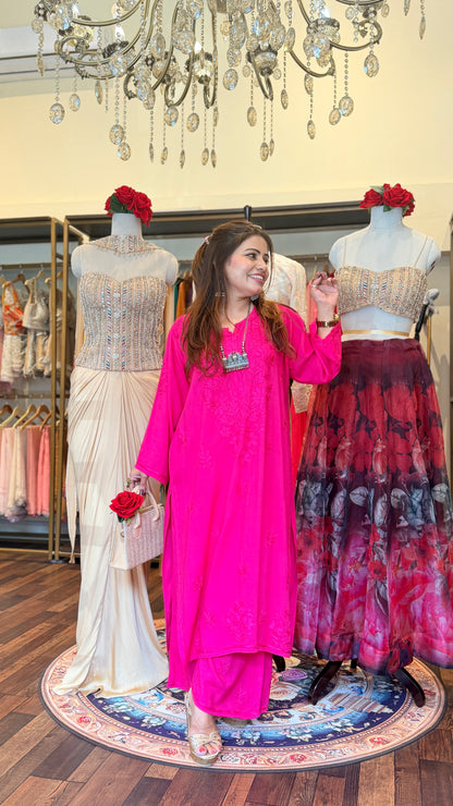 Hot Pink Embroidered Kurta & Pants Set