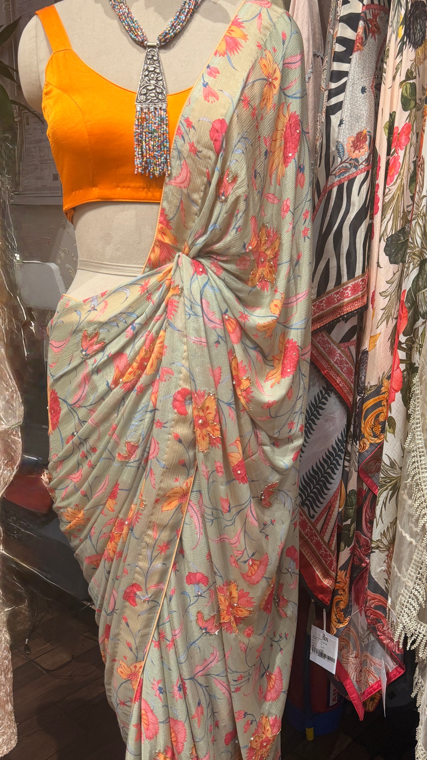 Floral Draped Saree with Orange Satin Blouse