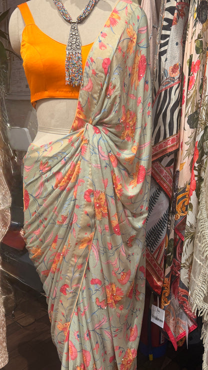 Floral Draped Saree with Orange Satin Blouse