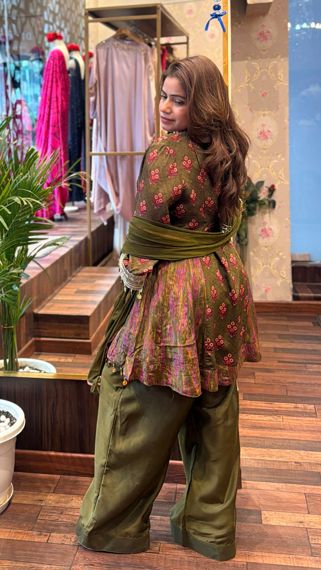 Olive Green Embroidered Crepe Jhoika Set