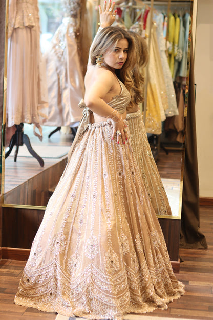TIMELESS GOLDEN LIGHT MUGHAL EMBROIDERED LEHENGA WITH DUPATTA & UNSTITCHED BLOUSE PIECE