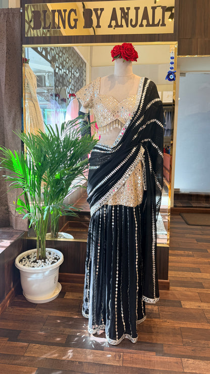 Black & Gold Mirror Work Lehenga Saree Set | Designer Cocktail & Wedding Wear | Bling by Anjali