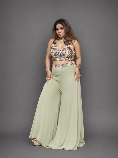 Pastel Green Embellished Indo-Western Set with Choker Dupatta ￼