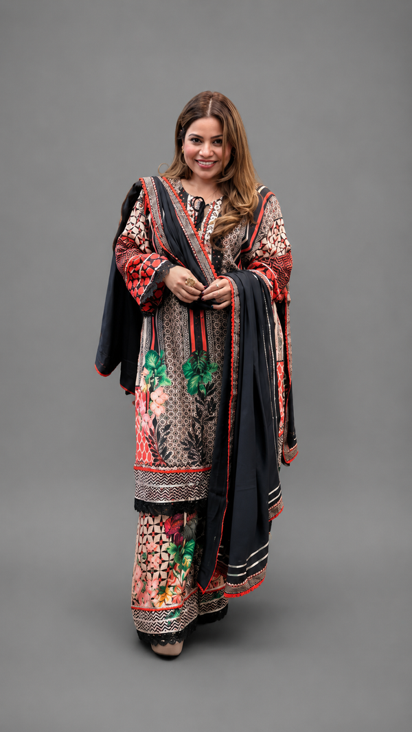 Black Multi-Print Kurta Set with Dupatta & Plaza Pants