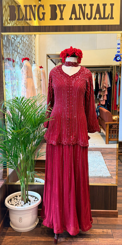 Ruby Red Hand-Embellished Peplum Top & Palazzo Set with Statement Choker
