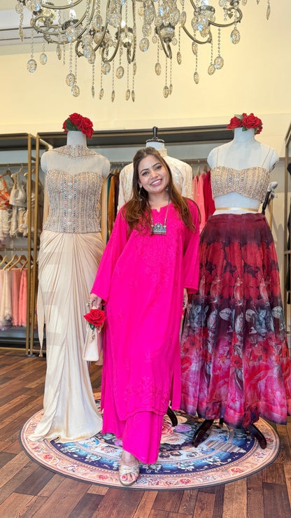 Hot Pink Embroidered Kurta & Pants Set