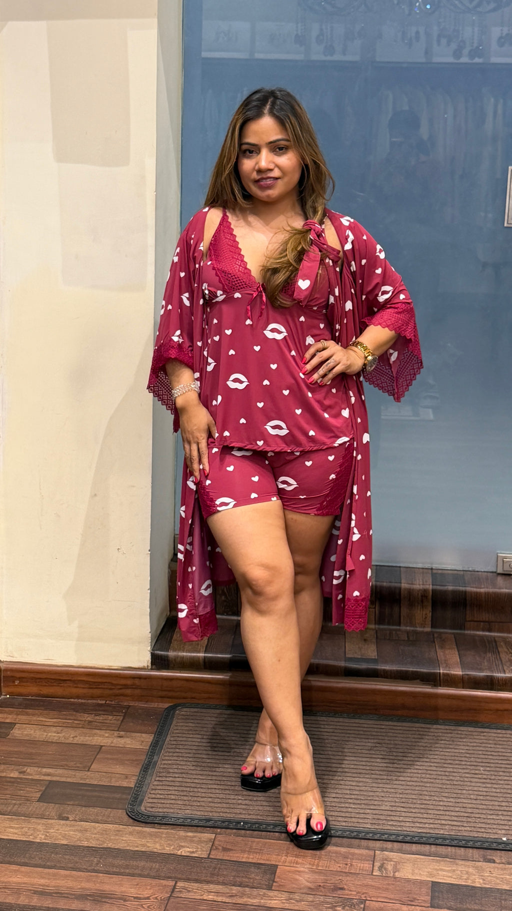 Heart Print 4-Piece Nightwear Set